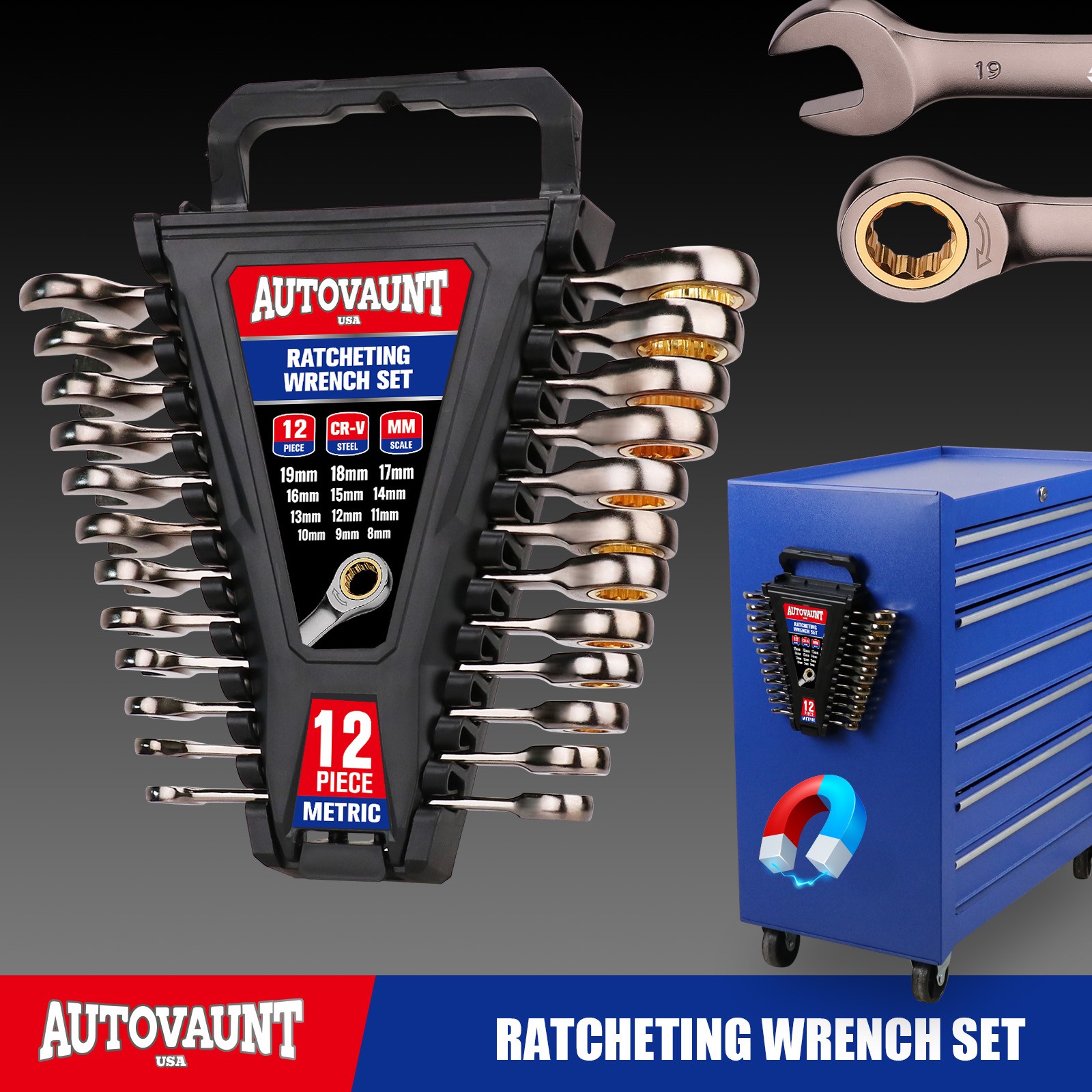 24/12PC Ratcheting Wrench Set Metric & SAE with Organizer 8-19 mm & 1/4" to 7/8"