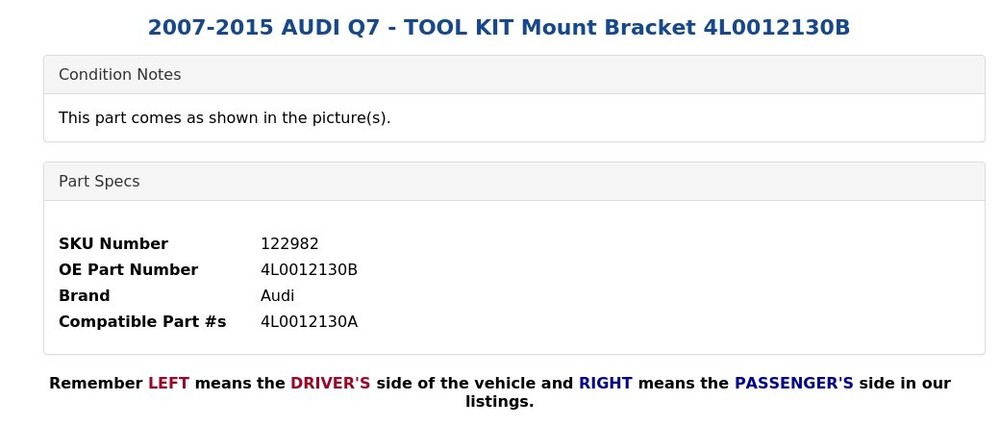 2007-2015 AUDI Q7 - TOOL KIT Mount Bracket 4L0012130B