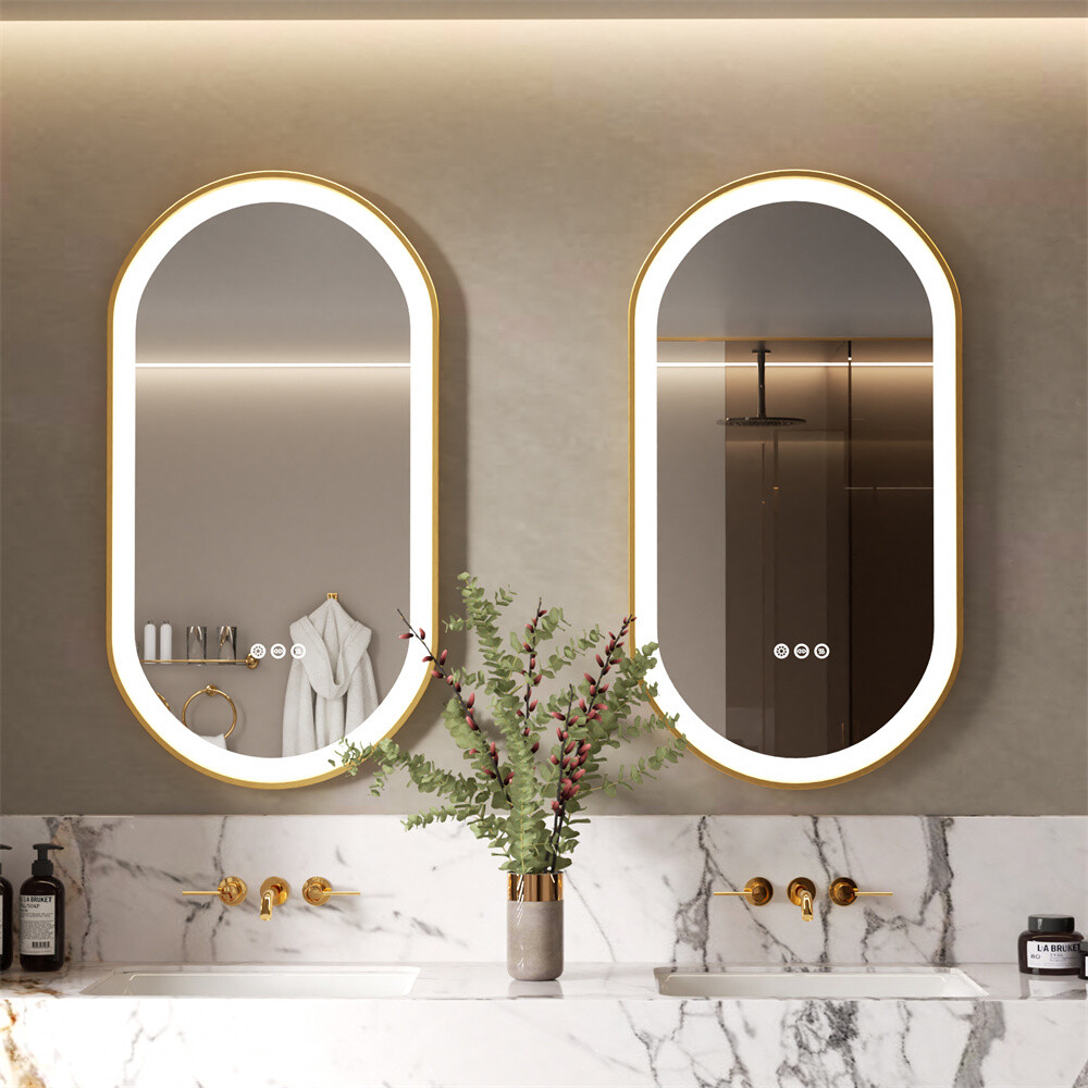 Oval LED Bathroom Mirror Gold Metal Frame Vanity Mirrors Dimmable 3 Touch Switch