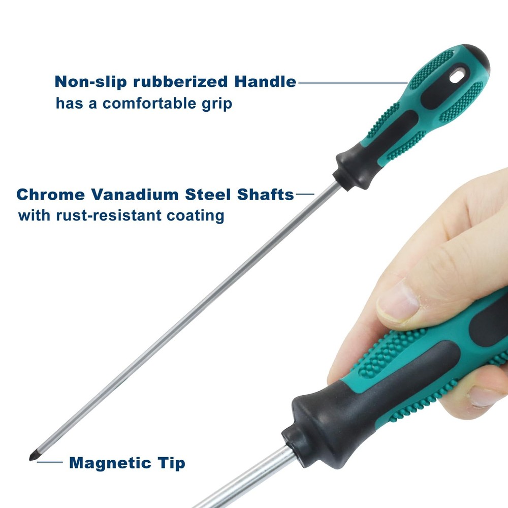 12-Inch Extra Long Slotted & Phillips Screwdriver Set, PH2 Magnetic Tip Flat ...