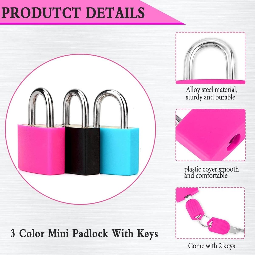 3 Pcs Small Locks with Keys,Multicolor Mini Key Locks, Plastic-Covered Copper...