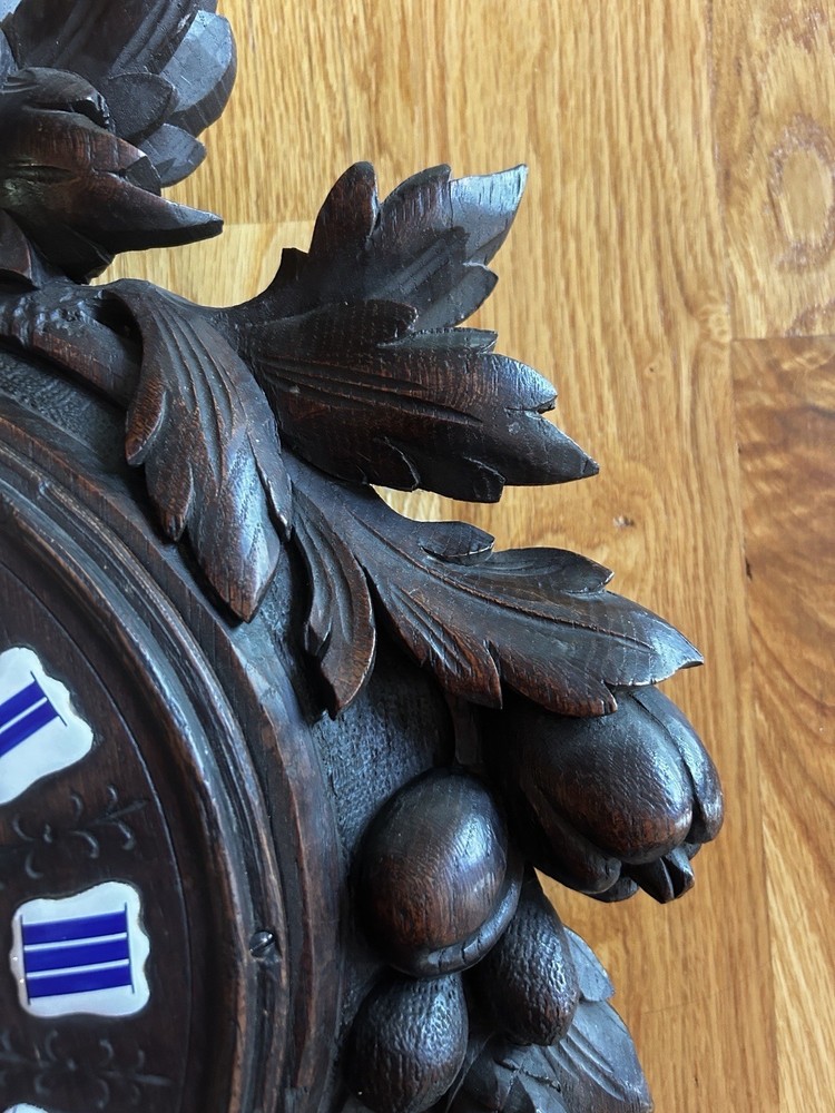 LARGE BLACK FOREST wood carving wall clock nuts/berrys theme, MISSING Pendulum