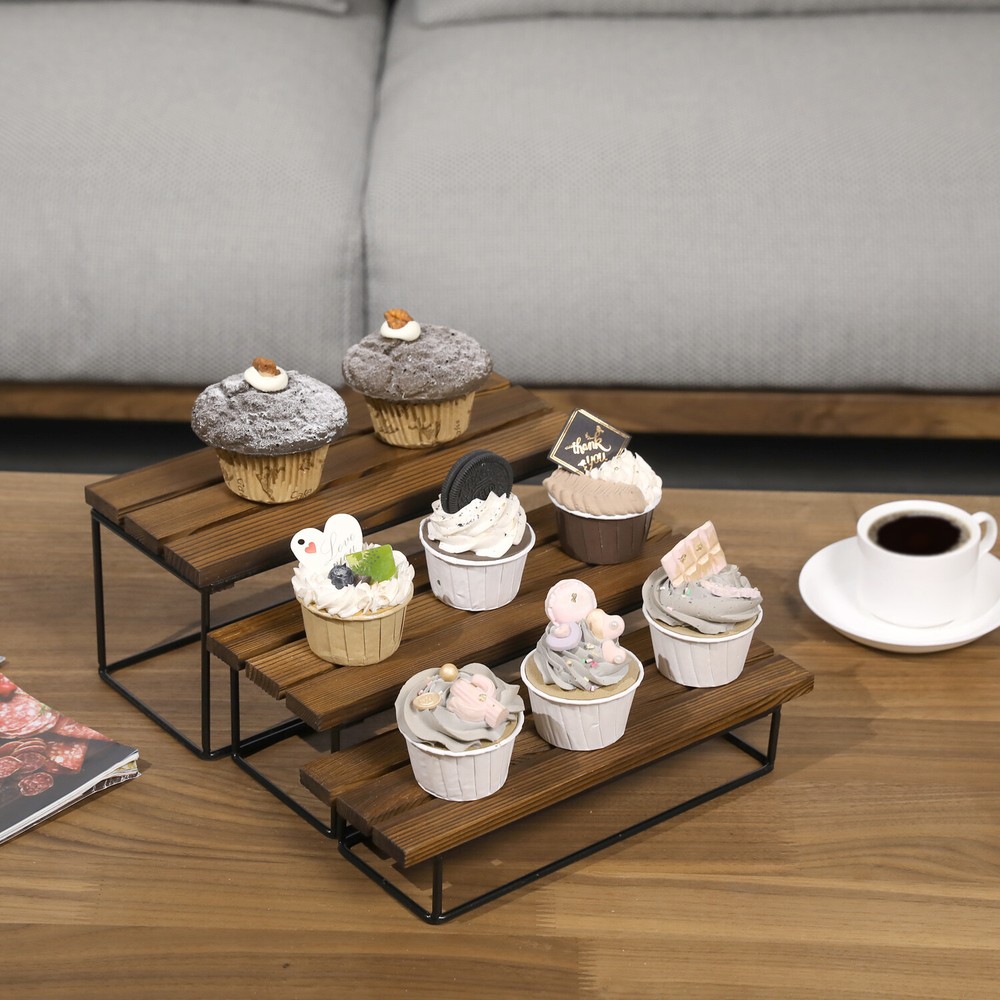 Burnt Solid Wood & Black Metal Wire 3 Tiered Dessert Display Riser Cupcake Stand