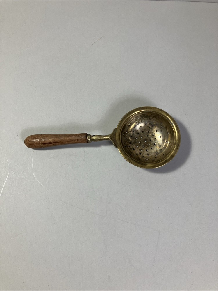Vintage England Antique Brass Tea Strainer with Wood Handle