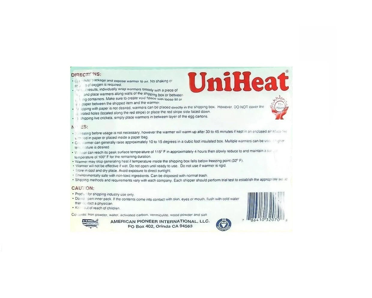 UniHeat 72 Hr (10 Piece) Shipping Warmer Heat Pack Bulk Exp 10/15/2028 or later
