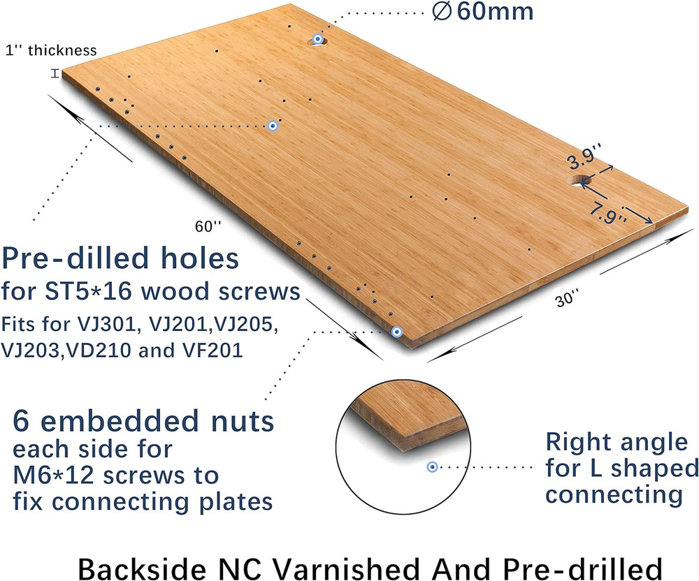 60" Solid Bamboo Desk Top for Standing Home Office with Grommets - 1" Thick