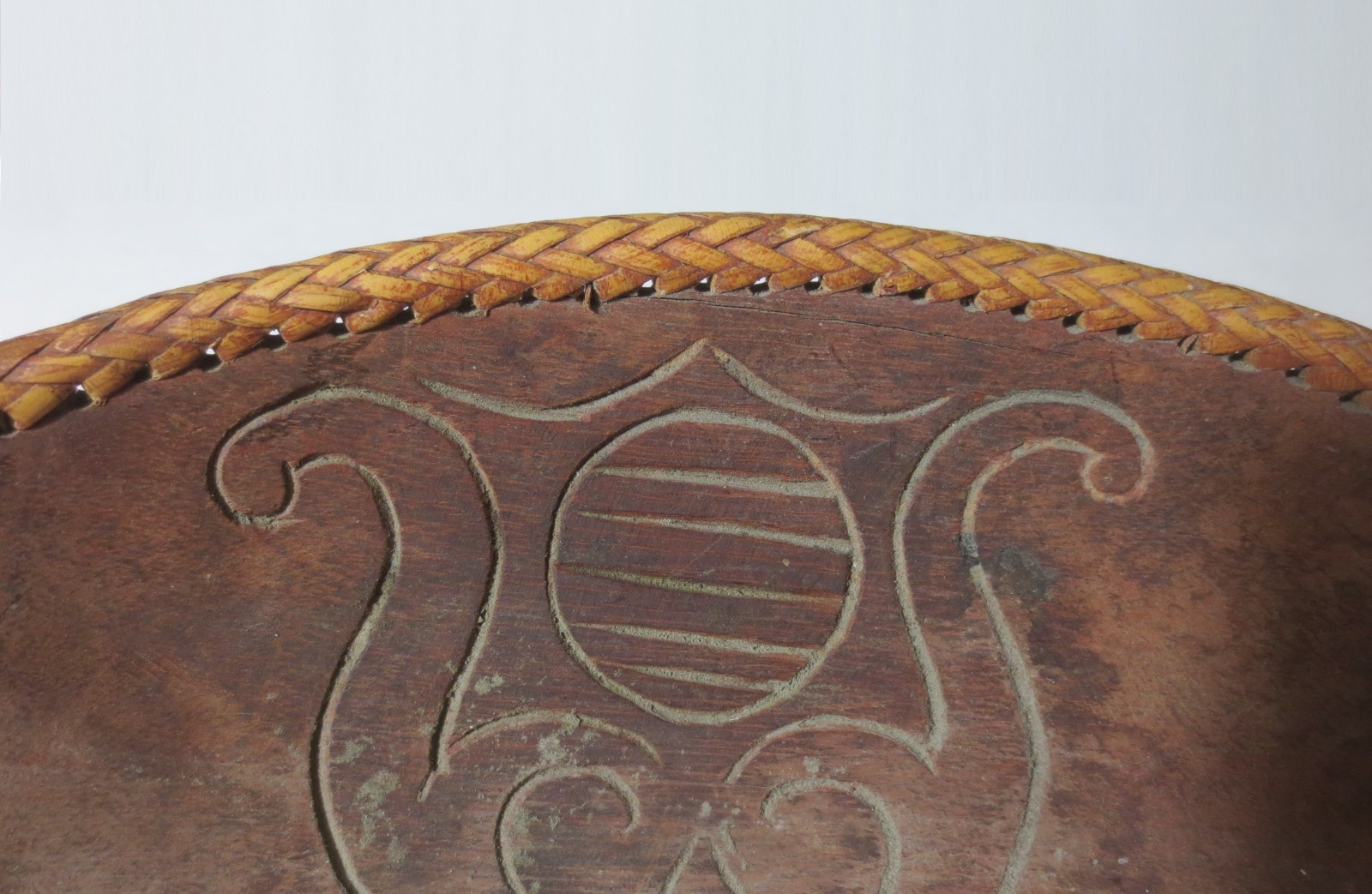 RARE! ANTIQUE! c1900 BORNEO "ASO DRAGON" CARVED WOOD BOWL w WEAVED RATTAN RIM