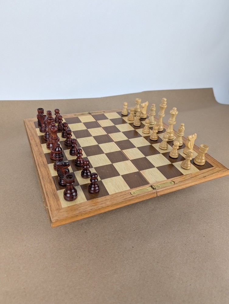 Vintage Handmade Solid & Inlaid Wood Folding Storage Chess Set 12" Box Hinged