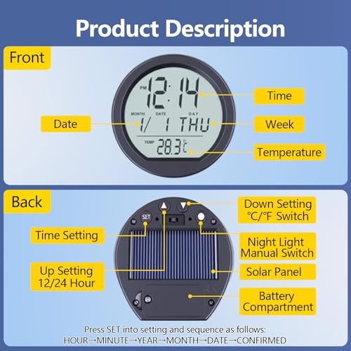 Timloon Car Dashboard Clock with Automatic Backlight at Night, Solar-Powered,