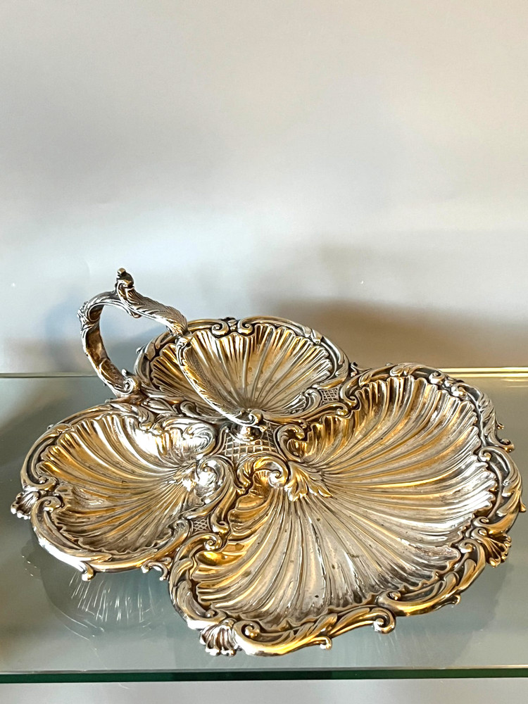 Antique Silver Plate Triple Shell Footed Serving Tray