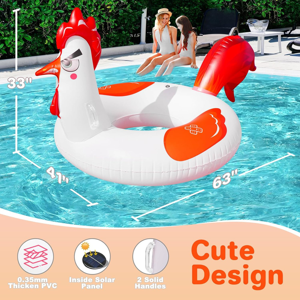 Inflatable Pool Floats with Lights, 63" Chicken Pool Floaties with Solar Powered