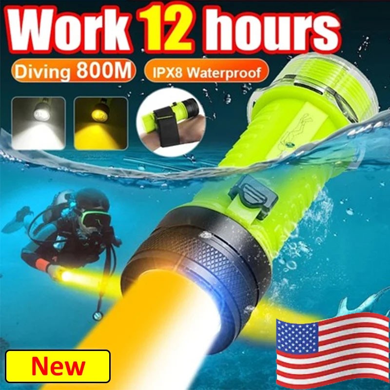 Professional Diving Flashlight Rechargeable Underwater Torch White&Yellow Light