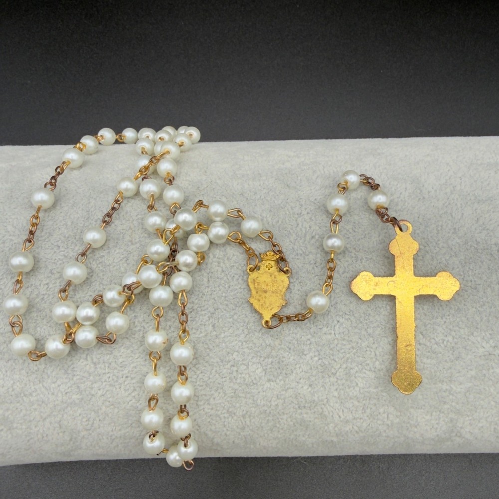 Vintage Catholic Rosary With Gold-Tone Cross & White Beads READ