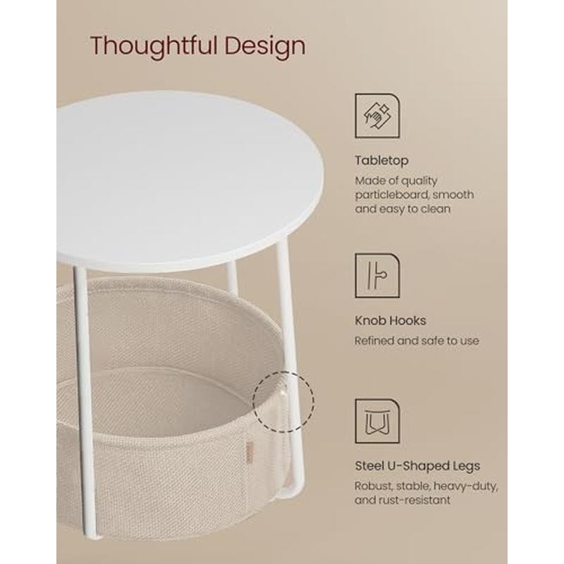 Small Round Side Table W/ Fabric Basket Modern Nightstand Quick Assembly New