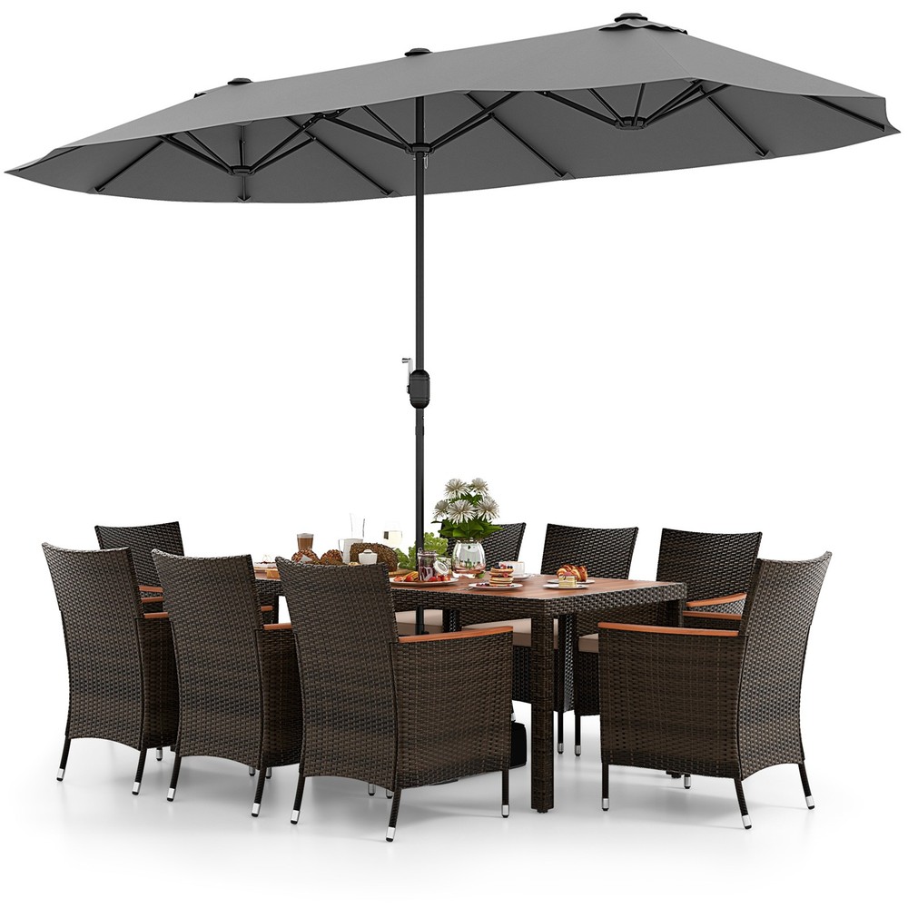 9 Piece Patio Wicker Dining Set w/ Double-Sided Patio Umbrella, Stackable Chairs