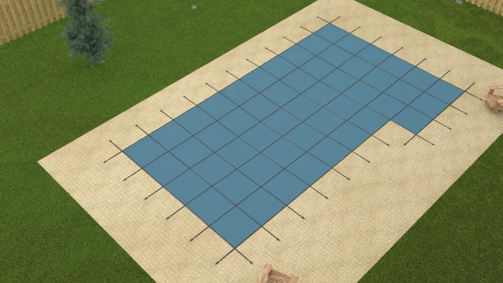 GLI Value X Solid 16' x 32' Rect Blue Solid Safety Cover w/ Left Step + Drain