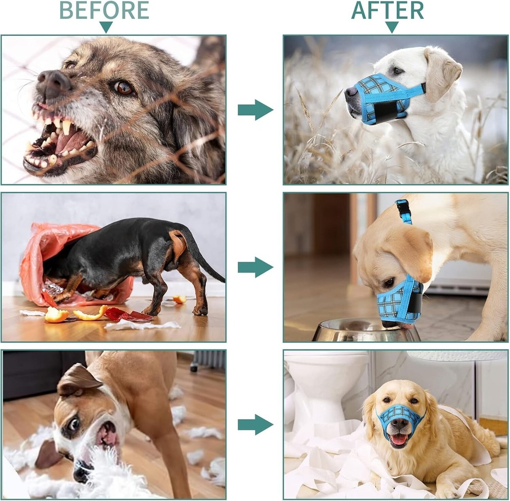 Comfortable Soft Nylon Dog Muzzle with Drinking Capability - Large P-Blue Plaid