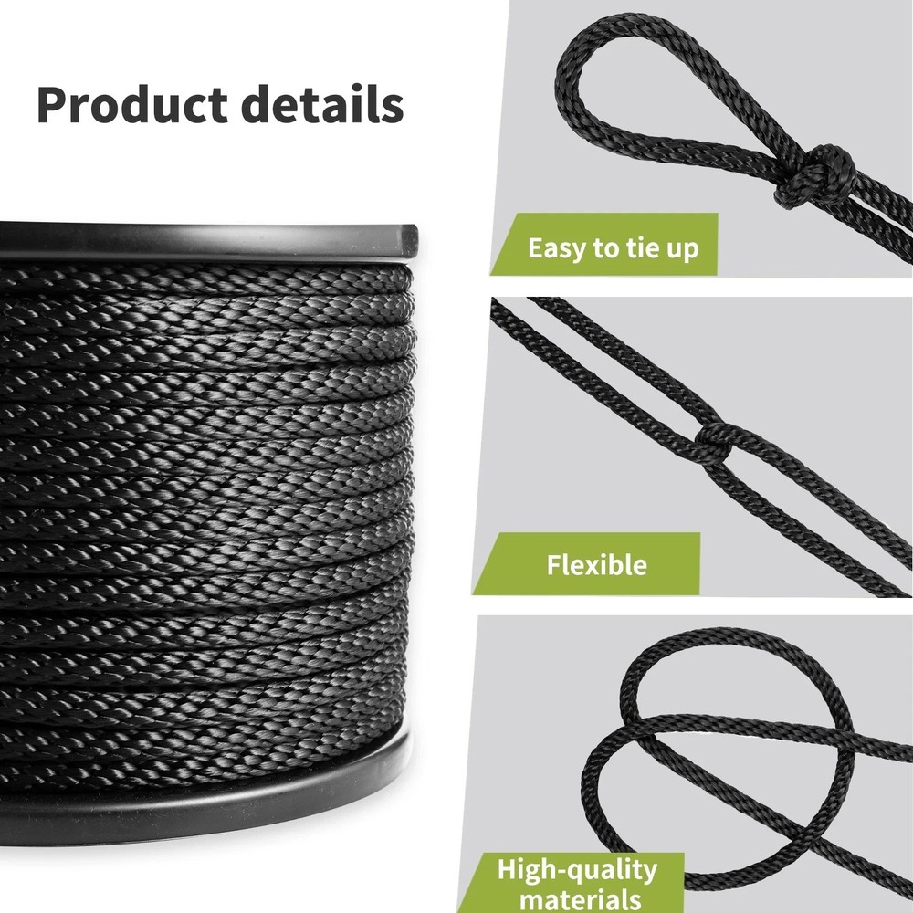 5/16 250ft Black Polyester Solid Braid Rope
