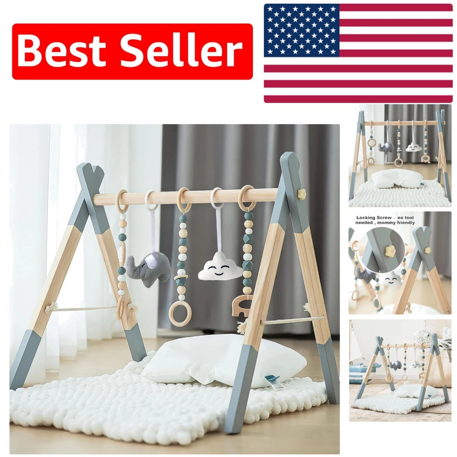 Natural Wooden Baby Play Gym: Foldable Activity Frame with 5 Stimulating Toys