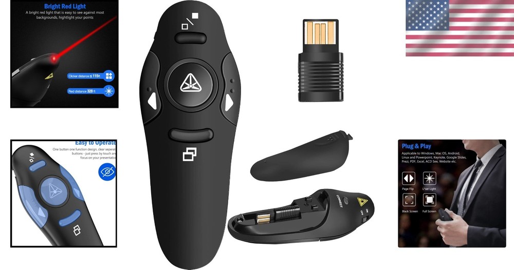 Compact Presentation Remote Clicker - Plug & Play with 49ft Wireless Range