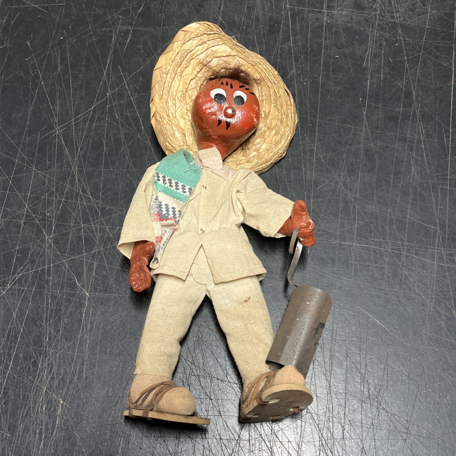 Vintage Mexican Hand Made Painted Oil Cloth Folk Art Dolls  9”Tall