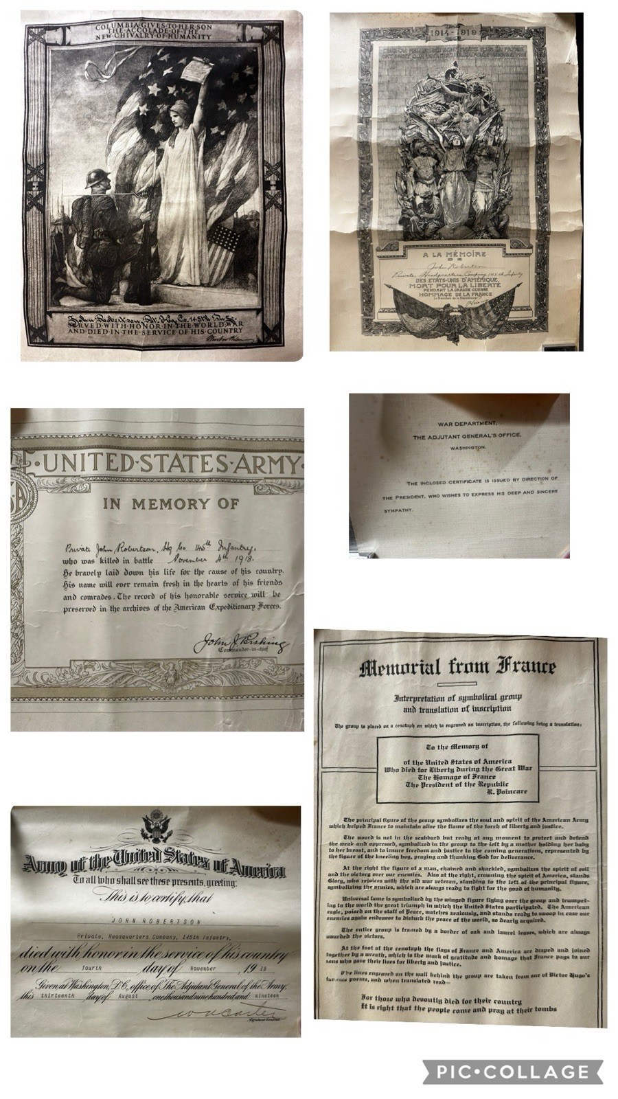 WWI KIA 6-Doc Set Pershing Hand Signed 145th Infantry Belgium 1918