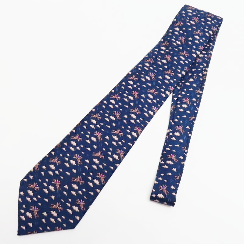 M03-k034 HERMES Pegasus pattern silk tie navy