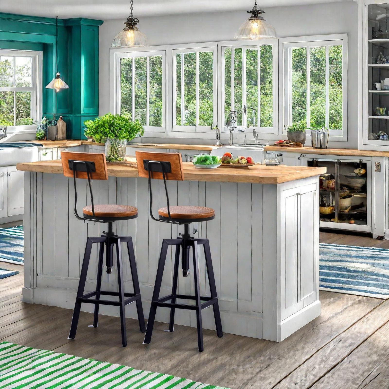 25"-32" Tall Adjustable Swivel Stools with Backrest Industrial Farmhouse