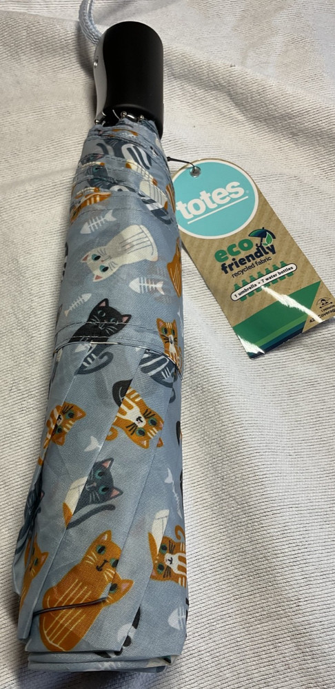 TOTES BASIC WOMEN'S UMBRELLA CATS GRAY 42 INCH COVERAGE PUSH OPEN NWT