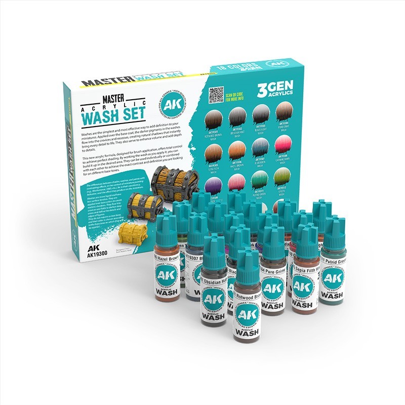 AK Interactive: Master Acrylic Wash Set Full Range 18 Washes - AK19300