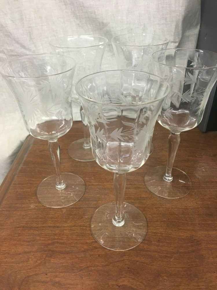 5 Elegant Etched Cut Paneled Wine Stems 7-3/4" Unknown