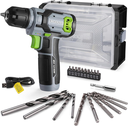 WORKPRO Power Drill Set with Stackable Tool Box, 8V Cordless Grey
