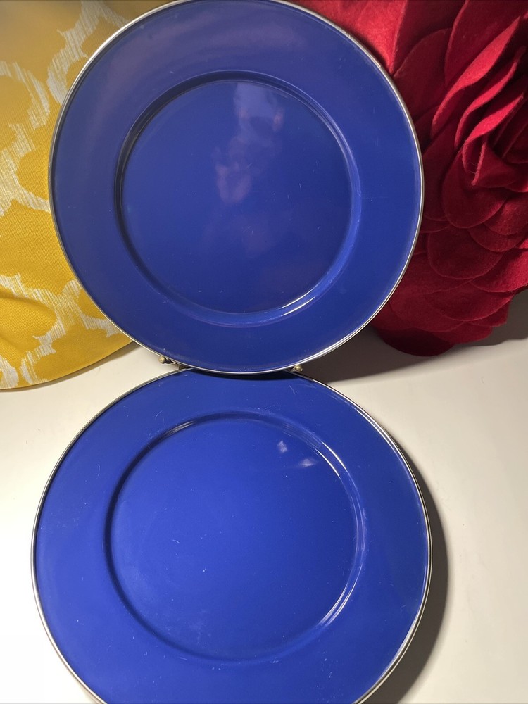 blue enamelware Plates With Silver Trim