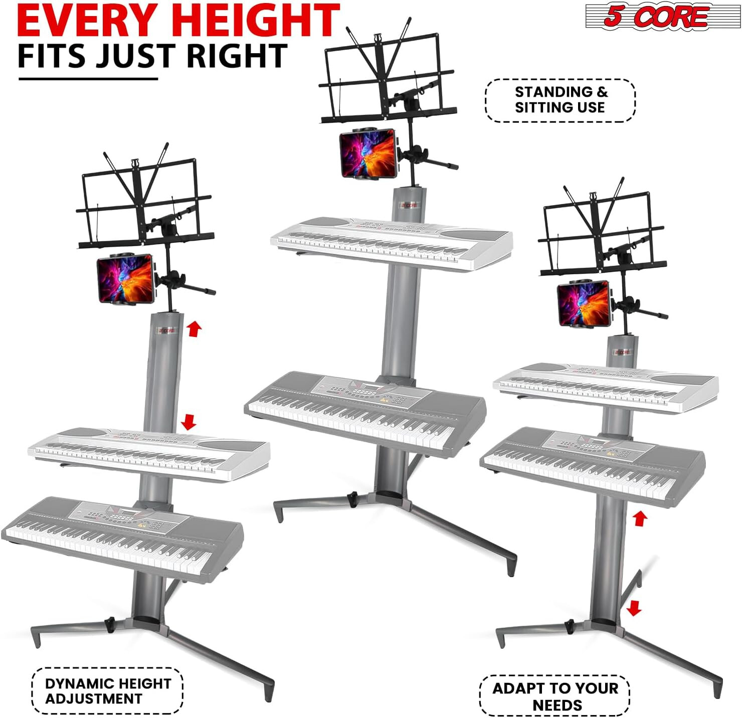 5Core 2-Tier Aluminum Column Keyboard Stand w/Bag, Mic Boom Arm & Sheet Stand