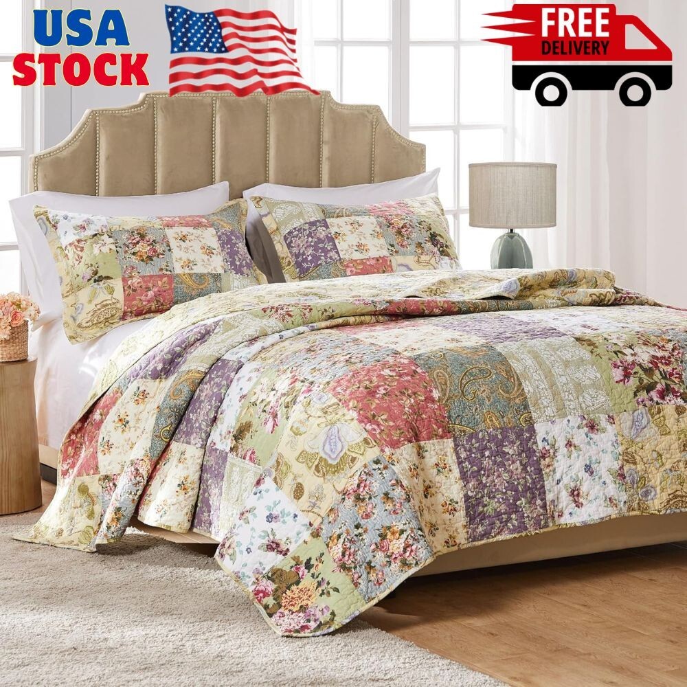 Blooming Prairie 100% Cotton Authentic Patchwork Reversible Quilt Set, 2-Piec...