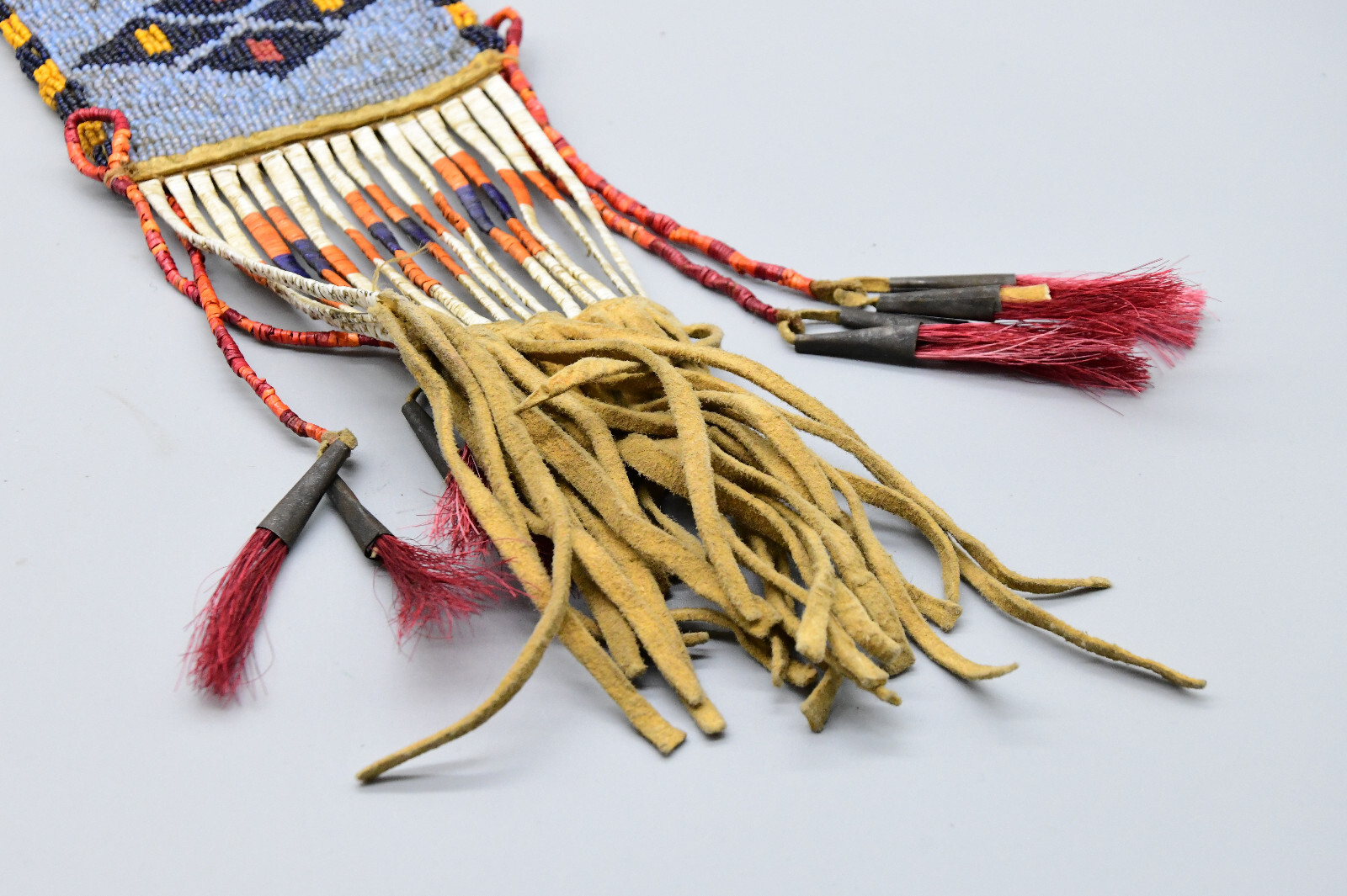 1890 Rare Arapaho Woman's Indian Society Tobacco Beaded Leather Bag 17"