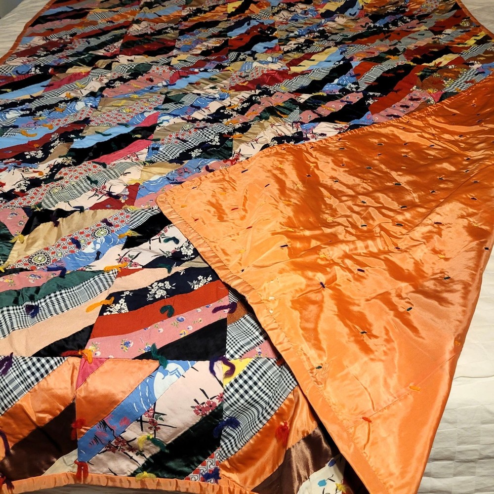Crazy Quilt Silk Patchwork With Orange Backing Hand Stitched Patchwork Vintage