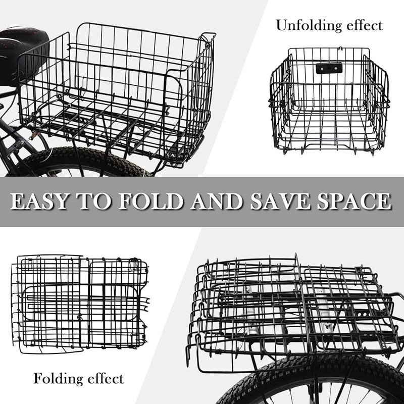 Foldable Rear Bike Basket Cargo Rack W/ Secure Strap Reflective Tail Light New