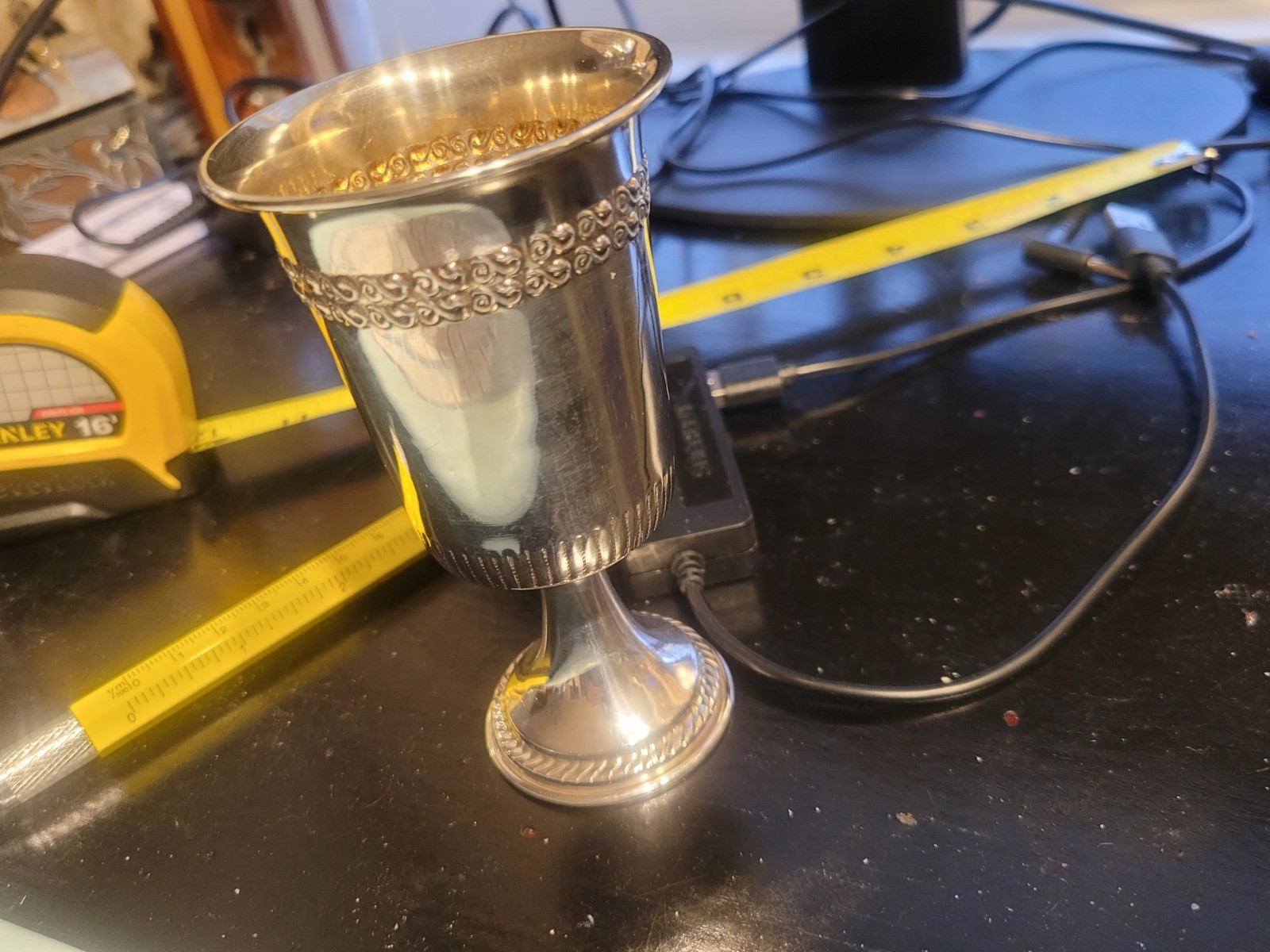 Antique Sterling Silver 925 Kiddish Gold Wash Cup With Etchings. Jewish Charming