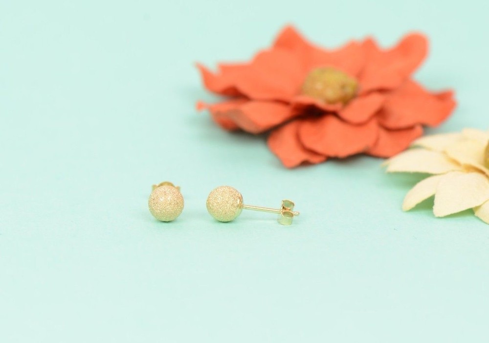 14k Yellow Solid Gold Laser Cut Ball Stud Earrings