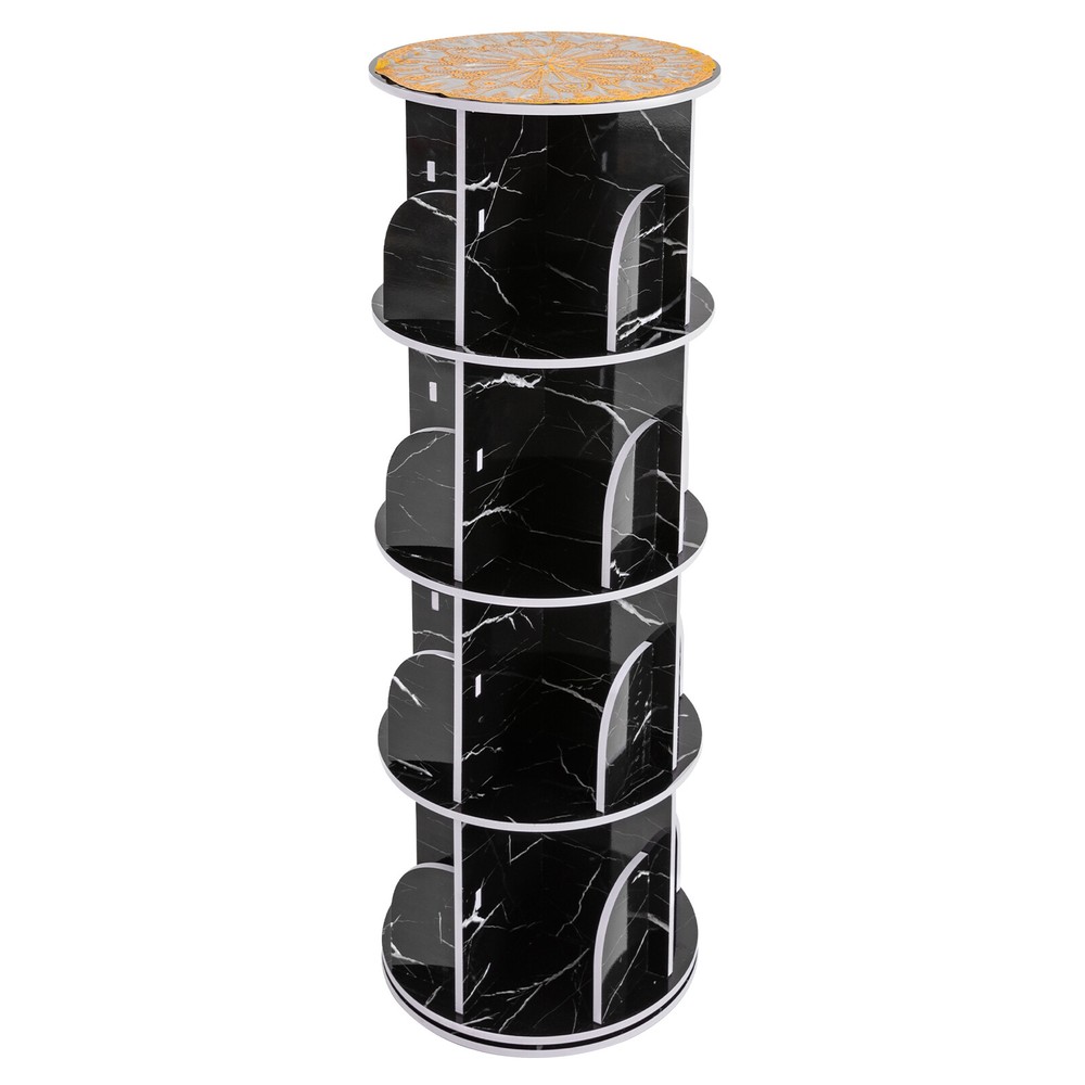 Rotating Display Bookshelf - Black Marble Revolving Storage Rack 4 Tier