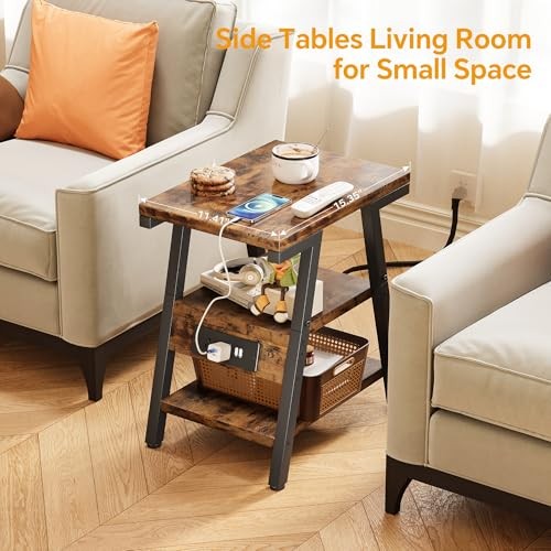End Table with Charging Station, Small Side Tables with Lucky 7 Rustic Brown