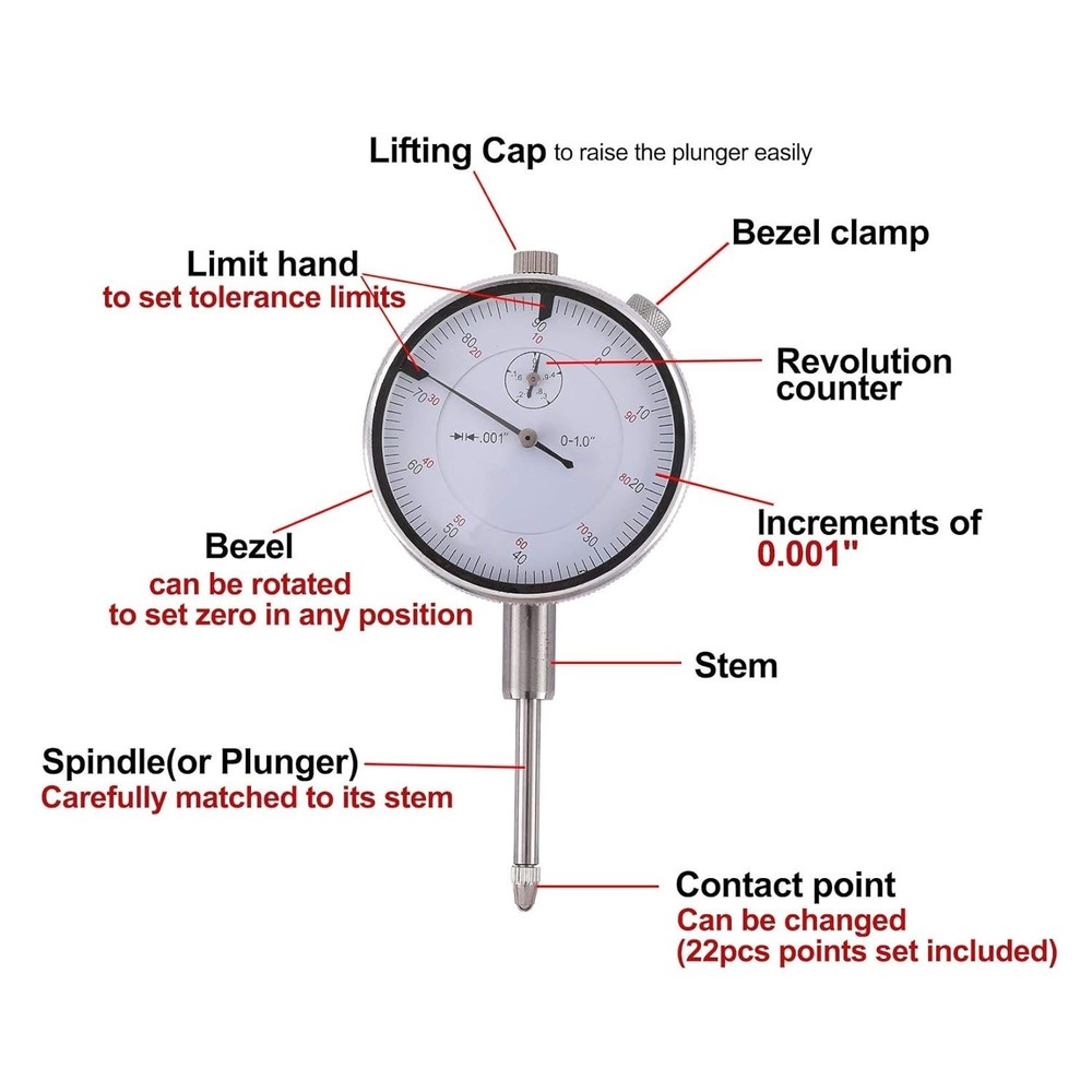 0.001" Resolution Magnetic Dial Indicator with Adjustable Long Arm & Strong Base