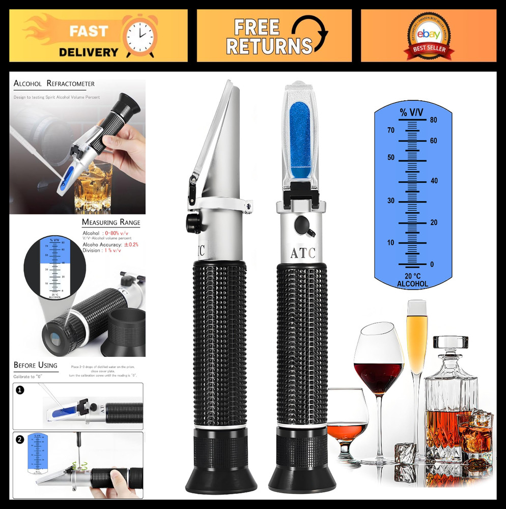 Handheld Alcohol Refractometer 0-80% Tester for Spirits, Whiskey, Brandy & Ethan