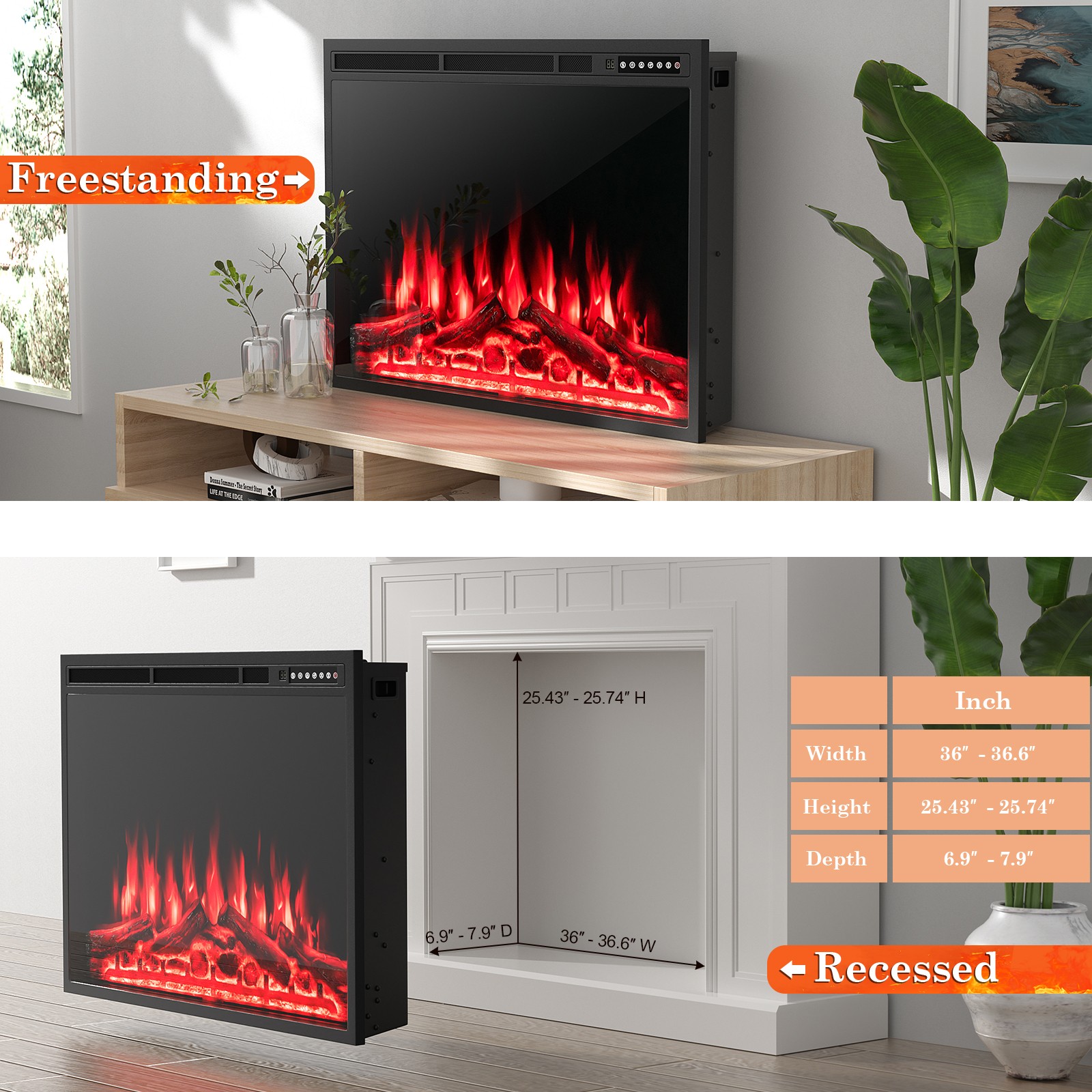 37" Electric Fireplace Insert Heater Log Flame Effect w/ Remote Control 1500W