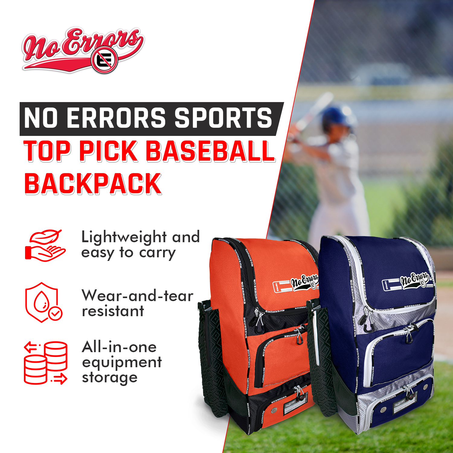 No Errors Top Pick Baseball & Softball Backpack Holds DualGloves, 4 Bats,Helmet