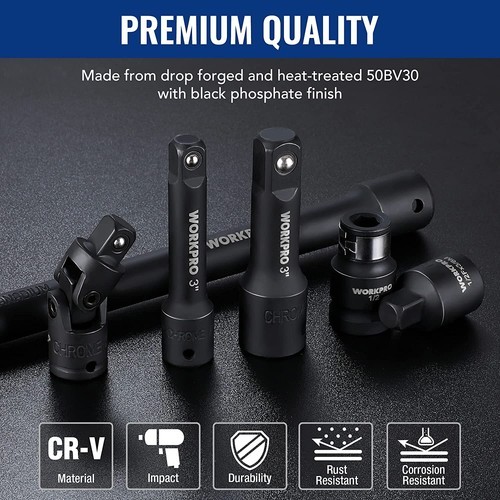 WORKPRO 18-PCS Drive Tool Accessory Set 1/4"&3/8"&1/2" Socket Adapter Extensions