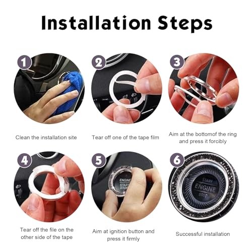 2 PCS Bling Push Start Button Cover, Crystal Rhinestone Engine Start Black