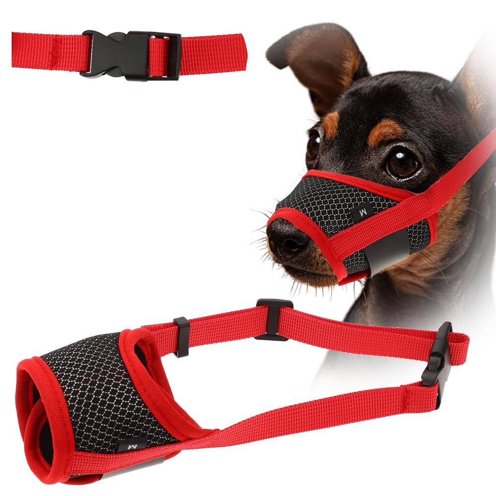 Soft Nylon Muzzle Breathable Mesh Fabric Anti Barking Adjustable Red Small
