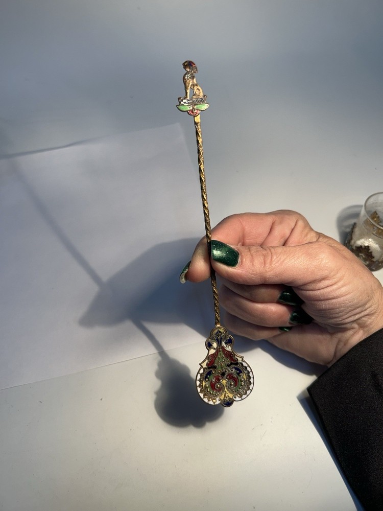 Antique Brass Champlevé Enamel Figural Sphinx Spoon Twisted Handle 19th